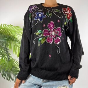 Women's Vintage 80s 90s Retro Floral Sequin Knit Oversized Grandma Sweater / XL